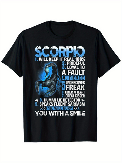 Men's Graphic T-Shirt Scorpio Traits Surrounded By Blue Light Graphic Scorpion