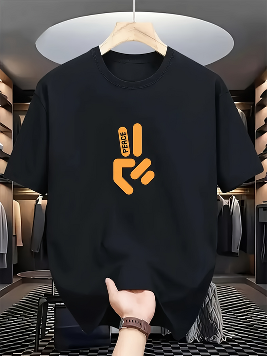 Men's Graphic T-Shirt Peace Hand Gesture With Bold Orange Graphic Center Symbol