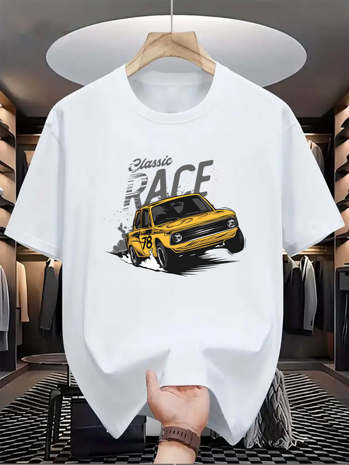 Men's Graphic T-Shirt Classic Race With Yellow Offroad Car Painted Among Dusty Tracks