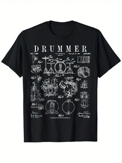 Men's Graphic T-Shirt Drummer Technical Blueprint Instruments And Percussion Set Drum Kit