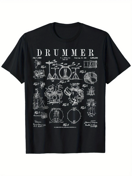 Men's Graphic T-Shirt Drummer Technical Blueprint Instruments And Percussion Set Drum Kit