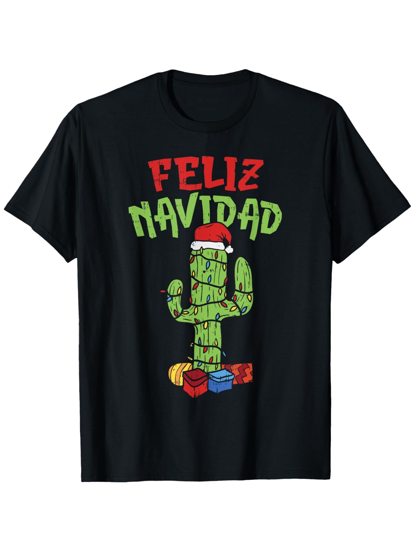 Men's Graphic T-Shirt Santa Hat Cactus With Gifts And Feliz Navidad Celebration
