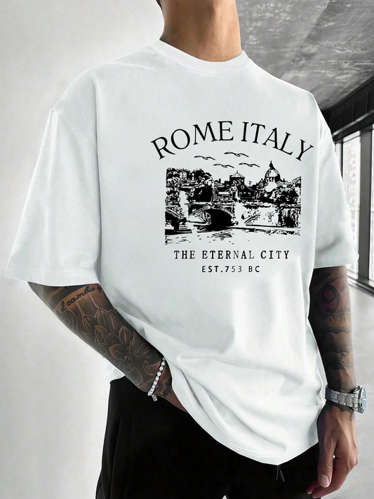 Men's Graphic T-Shirt Rome Italy Vintage Cityscape With Historic Ruins Under Bold Typography T Shirt