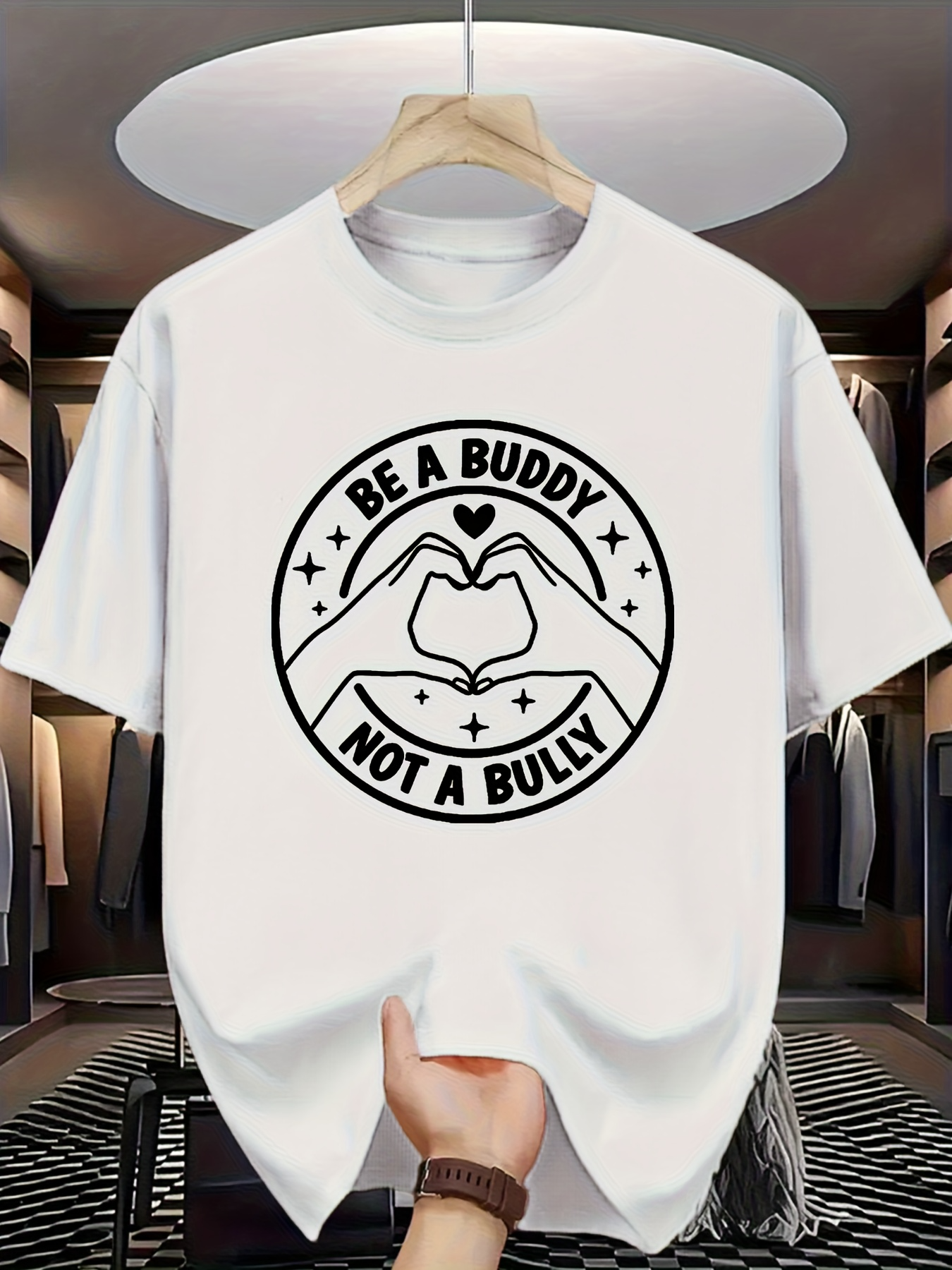Men's Graphic T-Shirt Be A Buddy Not A Bully Heart Hands Surrounded By Stars And Circles