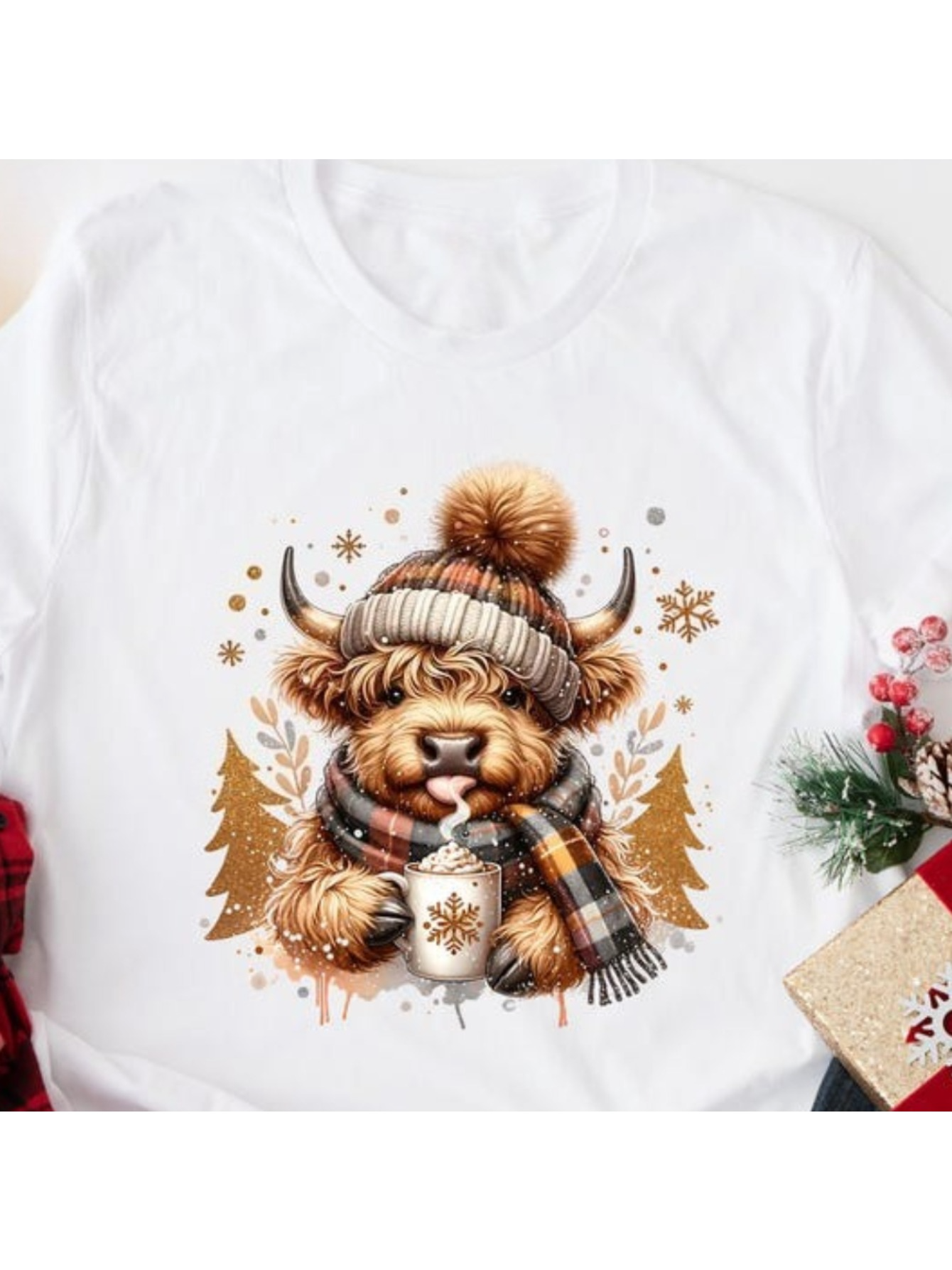 Men's Graphic T-Shirt Cozy Winter Forest With Hot Chocolate Among Snowflakes Highland Cow