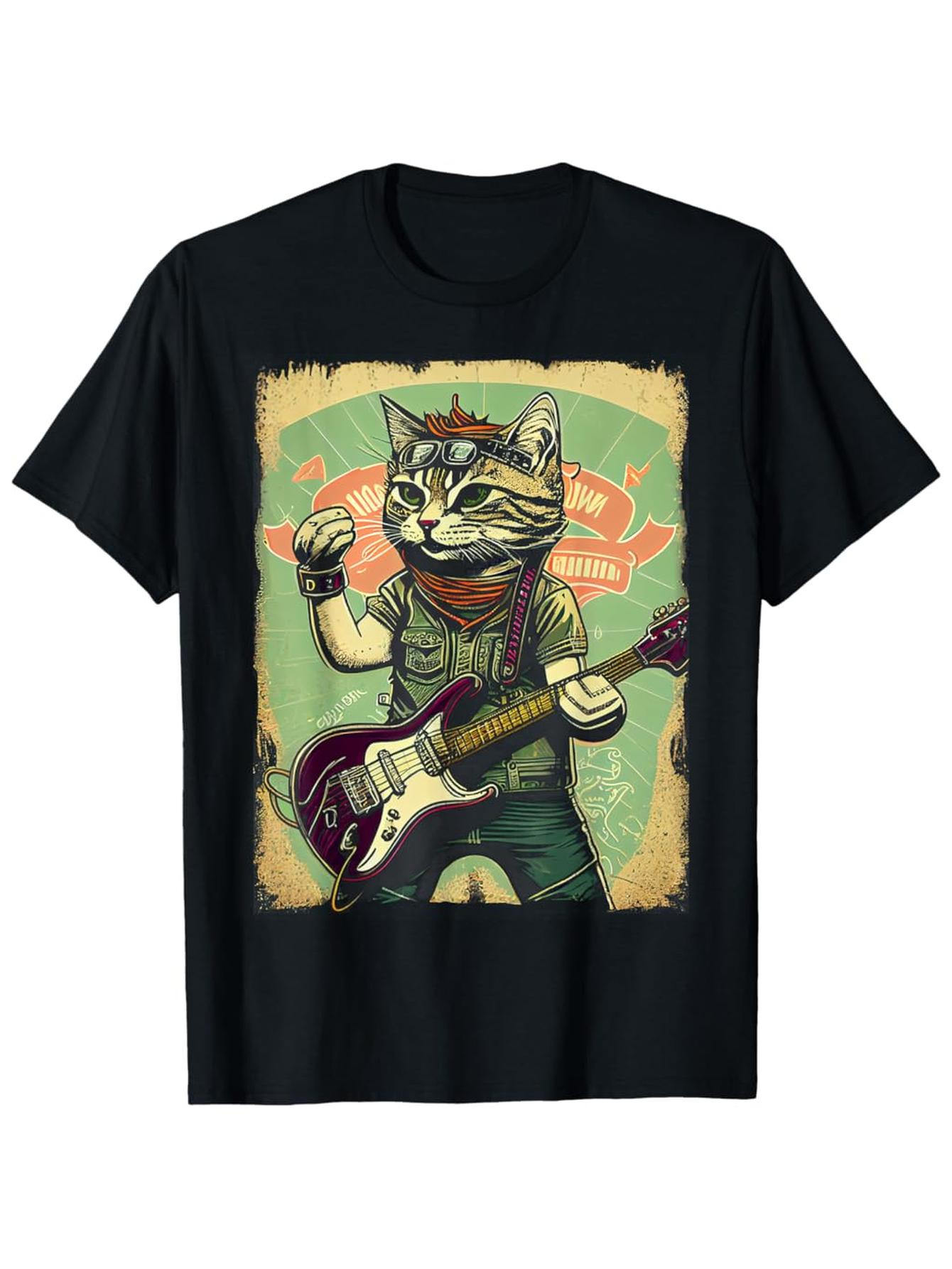 Men's Graphic T-Shirt Vintage Style Cat With Sunglasses Playing Electric Guitar