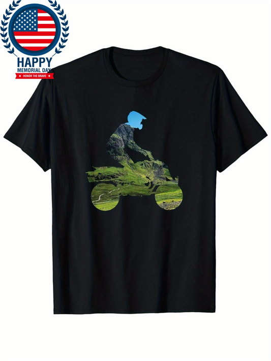 Men's Graphic T-Shirt Bold Driver Racing Through Wild Green Landscape Motorcycle