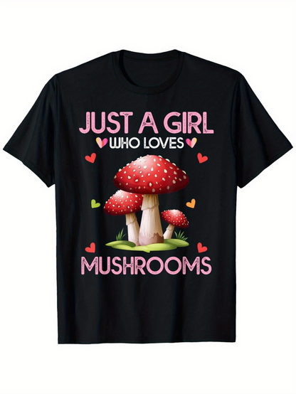 Men's Graphic T-Shirt Just A Girl Who Loves Mushrooms Surrounded By Hearts And Red Spotted Mushrooms