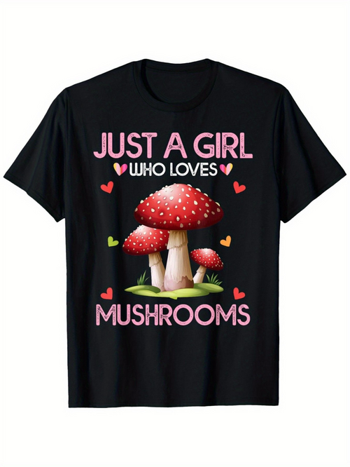 Men's Graphic T-Shirt Just A Girl Who Loves Mushrooms Surrounded By Hearts And Red Spotted Mushrooms