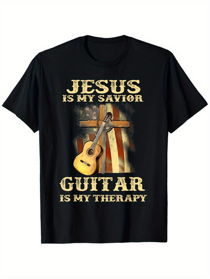 Men's Graphic T-Shirt Jesus Is My Savior Guitar Is My Therapy With Wooden Cross And Vintage Flag Guitar