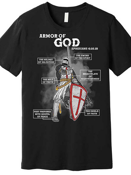 Men's Graphic T-Shirt Armor Of God Knight Holding Shield Surrounded By Bible Verses In White Letters