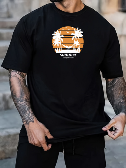 Men's Graphic T-Shirt Summer Sunset Palms With Hammock Under Warm Orange Sky