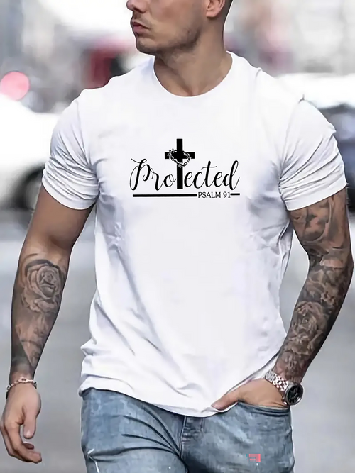 Men's Graphic T-Shirt Protected Psalm Nineteen Black Cross Among Artistic Handwriting On White Shirt