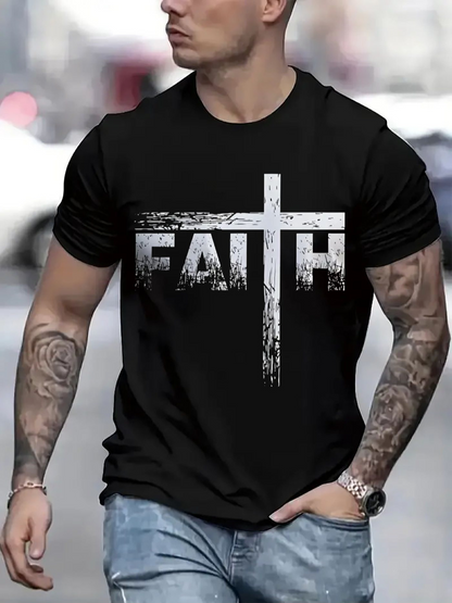 Men's Graphic T-Shirt Faith Strong White Grunge Brush Print With Bold Cross Graphic