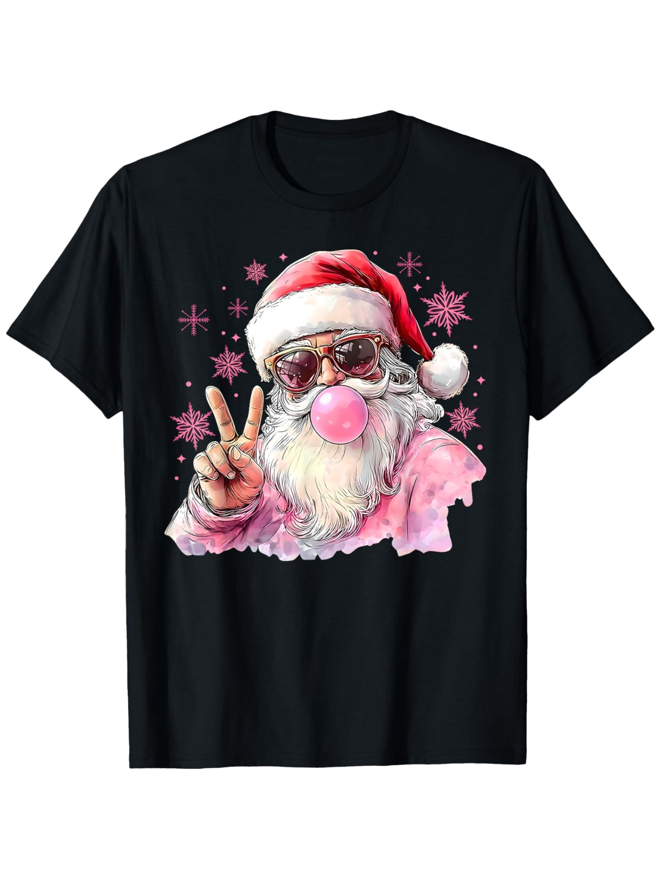 Men's Graphic T-Shirt Festive Pink Bubble With Star Accents And Peace Gesture Santa Claus