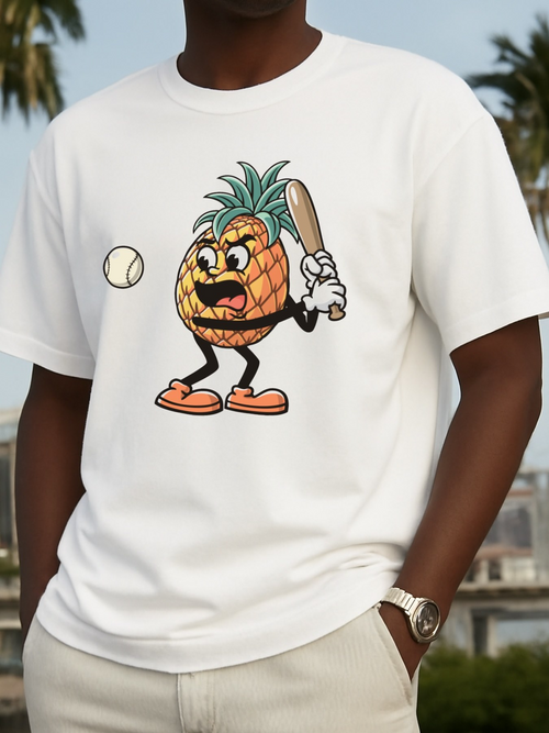 Men's Graphic T-Shirt Cartoon Pineapple With Bat Ready To Hit Baseball Fruit Character