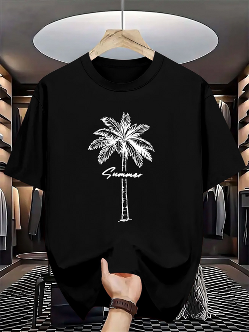 Men's Graphic T-Shirt Summer White Sketched Palm Tree Under Textured Trunk With Relaxed Tropical Mood