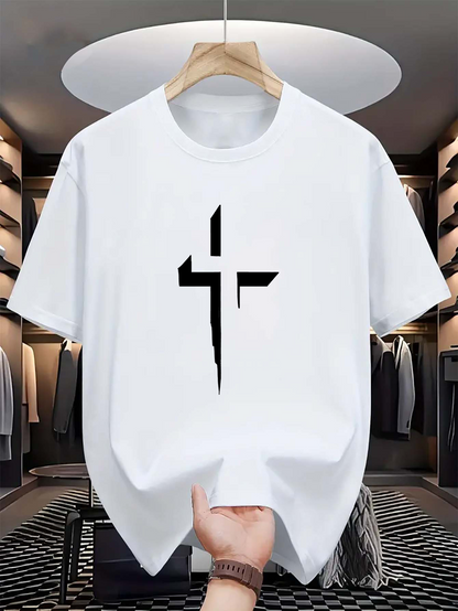 Men's Graphic T-Shirt Bold Graphic Cross Silhouette Centered On Crisp White Tshirt