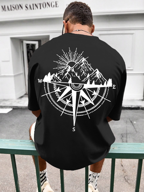 Men's Graphic T-Shirt Radiant Mountains With Sunrise Compass And Majestic Peaks