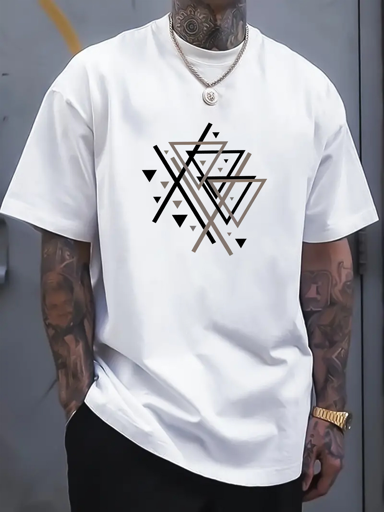 Men's Graphic T-Shirt Overlapping Geometric Triangles With Minimalist Modern Black Lines Graphic