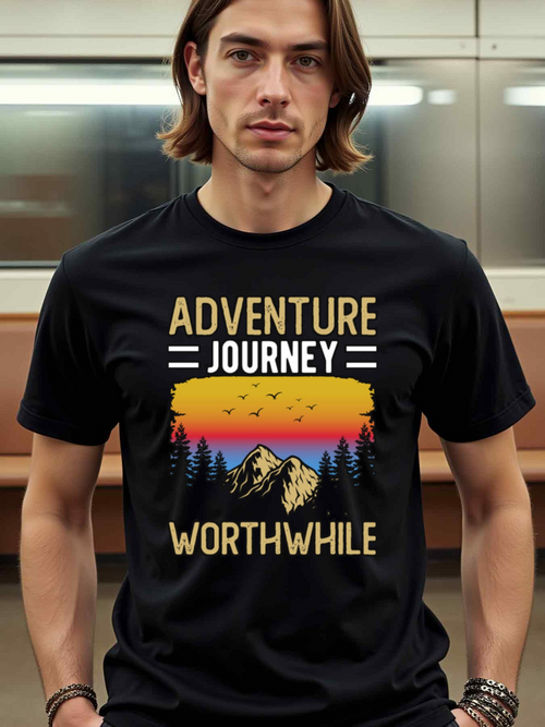 Men's Graphic T-Shirt Adventure Journey Worthwhile Vibrant Sunset With Pine Trees And Majestic Mountain