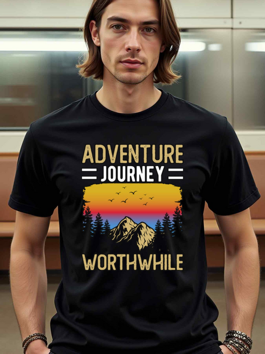 Men's Graphic T-Shirt Adventure Journey Worthwhile Vibrant Sunset With Pine Trees And Majestic Mountain
