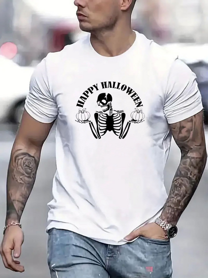 Men's Graphic T-Shirt Happy Halloween With Playful Skeleton Holding Pumpkins