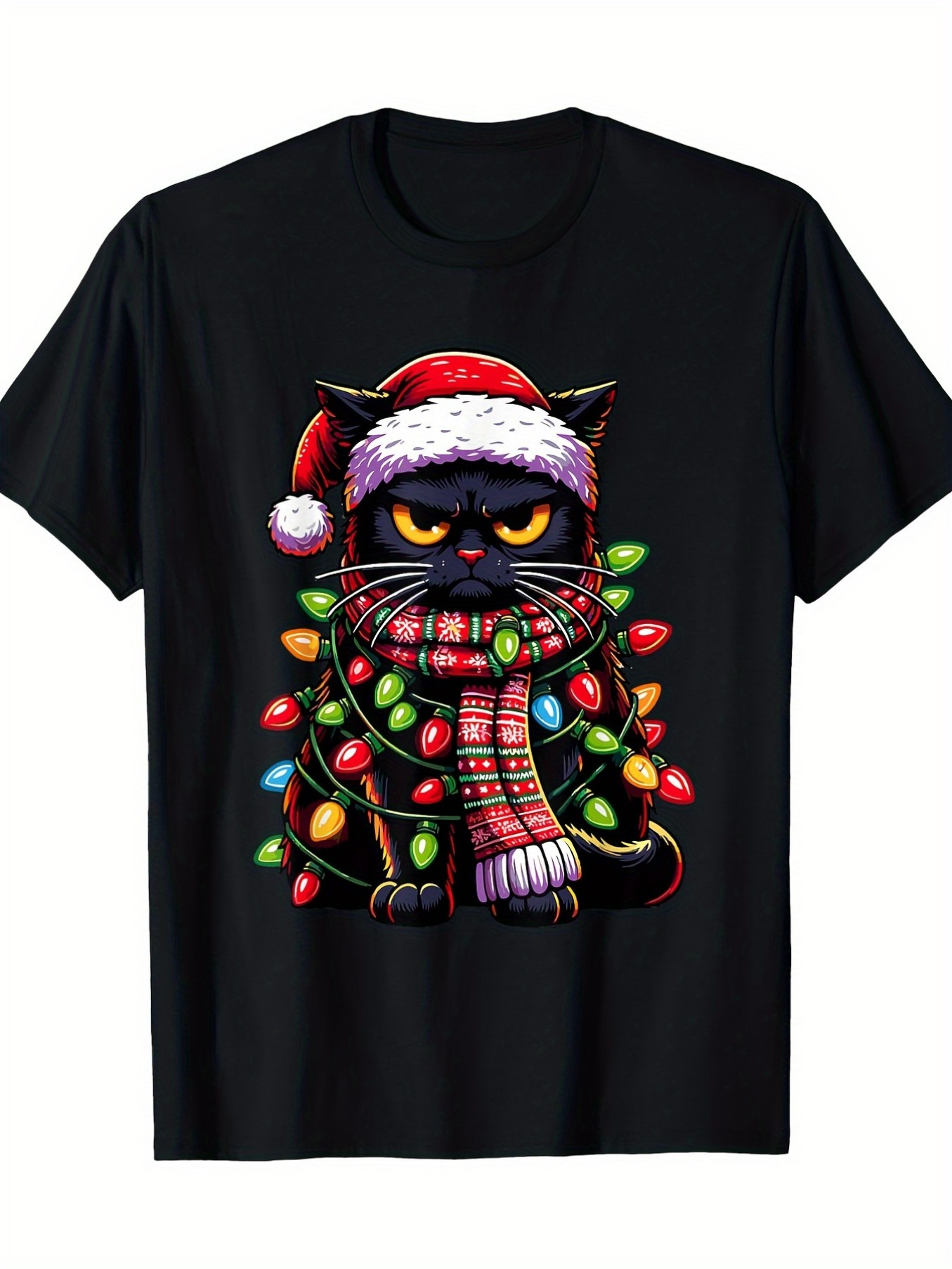 Men's Graphic T-Shirt Playful Black Cat Wrapped With Christmas Lights And Red Santa Hat