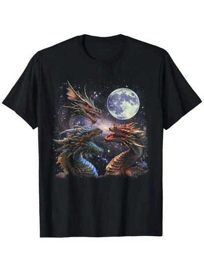 Men's Graphic T-Shirt Enchanted Night Sky With Glowing Full Moon Surrounding Two Majestic Dragons