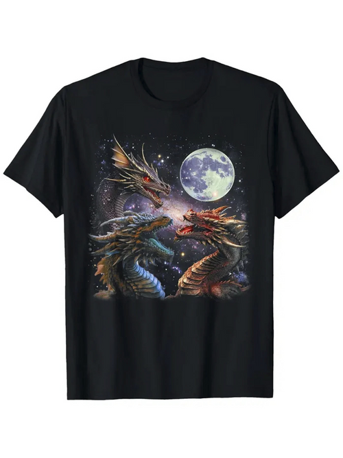 Men's Graphic T-Shirt Enchanted Night Sky With Glowing Full Moon Surrounding Two Majestic Dragons