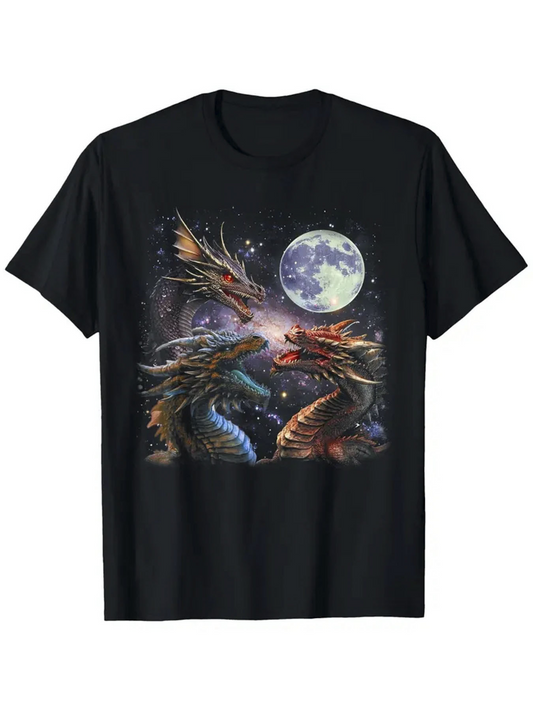 Men's Graphic T-Shirt Enchanted Night Sky With Glowing Full Moon Surrounding Two Majestic Dragons