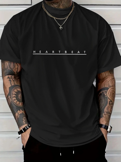 Men's Graphic T-Shirt Heartbeat Minimalist Line Art Across Black Cotton T Shirt