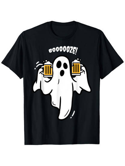 Men's Graphic T-Shirt Boooooze Floating Ghost Holding Two Mugs Of Frothy Beer