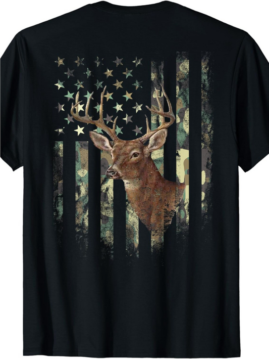 Men's Graphic T-Shirt Camo Forest Silhouette With Stars And Stripes Featuring Majestic Deer