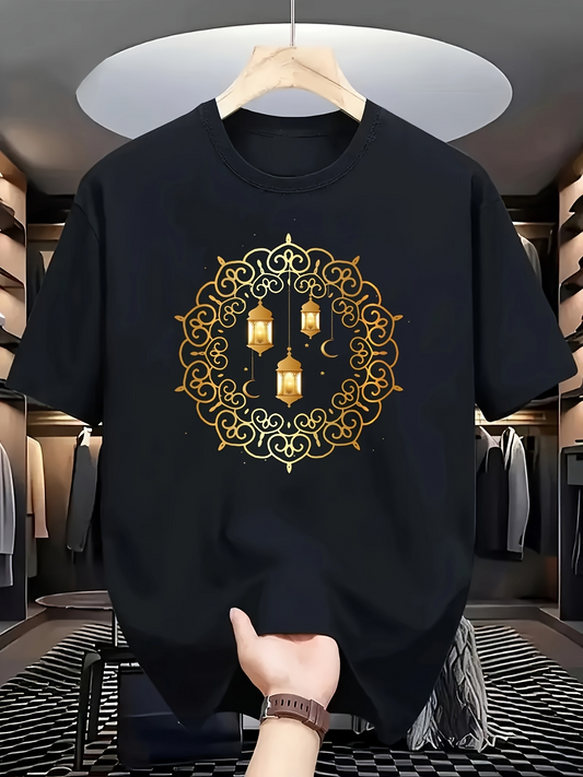 Men's Graphic T-Shirt Golden Ornamental Pattern Featuring Hanging Lanterns With Intricate Filigree Lamps