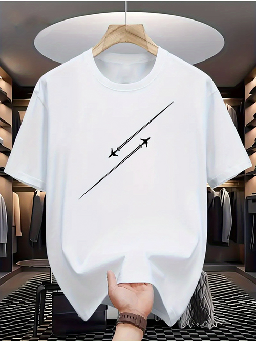 Men's Graphic T-Shirt Minimalist Black Line Art Jet Planes Crossing Sky