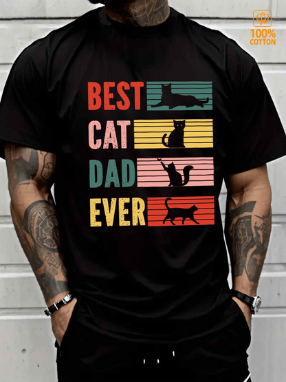 Men's Graphic T-Shirt Best Cat Dad Ever Vintage Striped Blocks With Playful Leaping And Sitting Cat