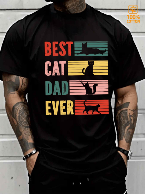 Men's Graphic T-Shirt Best Cat Dad Ever Vintage Striped Blocks With Playful Leaping And Sitting Cat