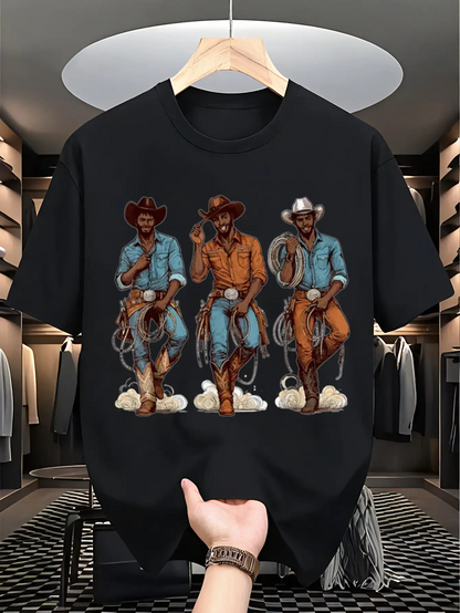 Men's Graphic T-Shirt Classic Western Cowboys In Denim And Leather Standing Among Clouds
