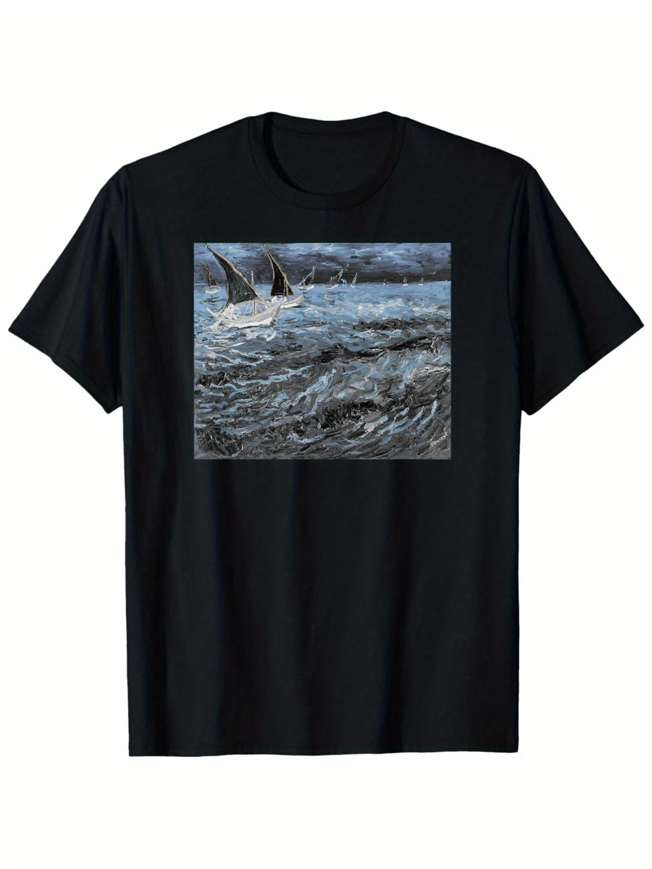 Men's Graphic T-Shirt Rough Ocean Waves With Two Boats Sailing Under Stormy Skies