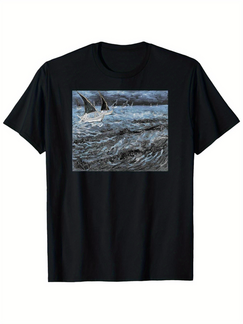 Men's Graphic T-Shirt Rough Ocean Waves With Two Boats Sailing Under Stormy Skies