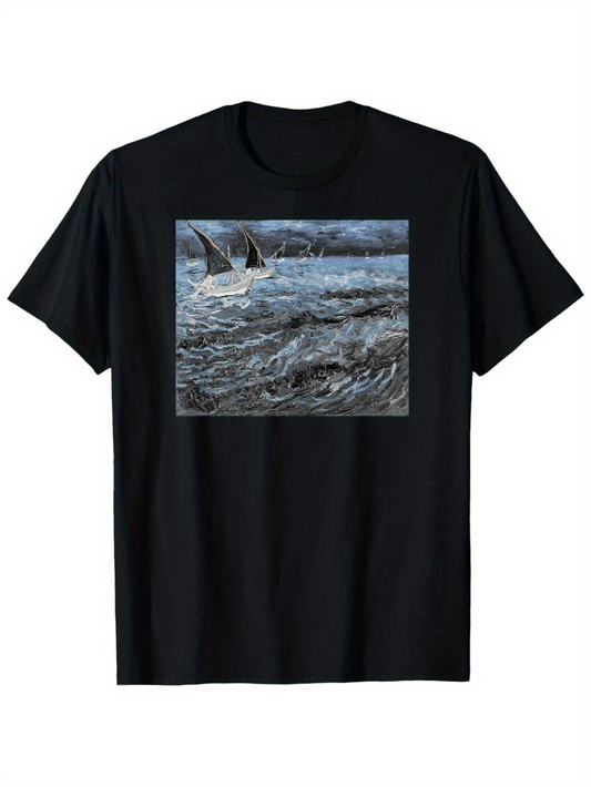 Men's Graphic T-Shirt Rough Ocean Waves With Two Boats Sailing Under Stormy Skies