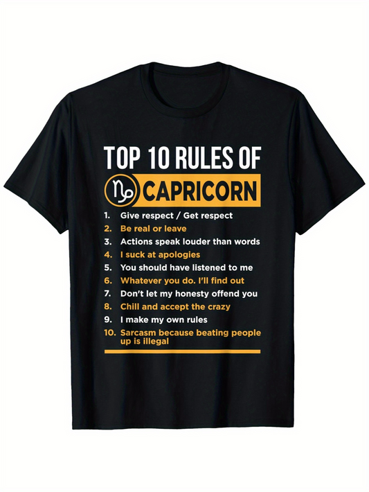 Men's Graphic T-Shirt Top Ten Rules In Bold Yellow Type For Capricorn T Shirt