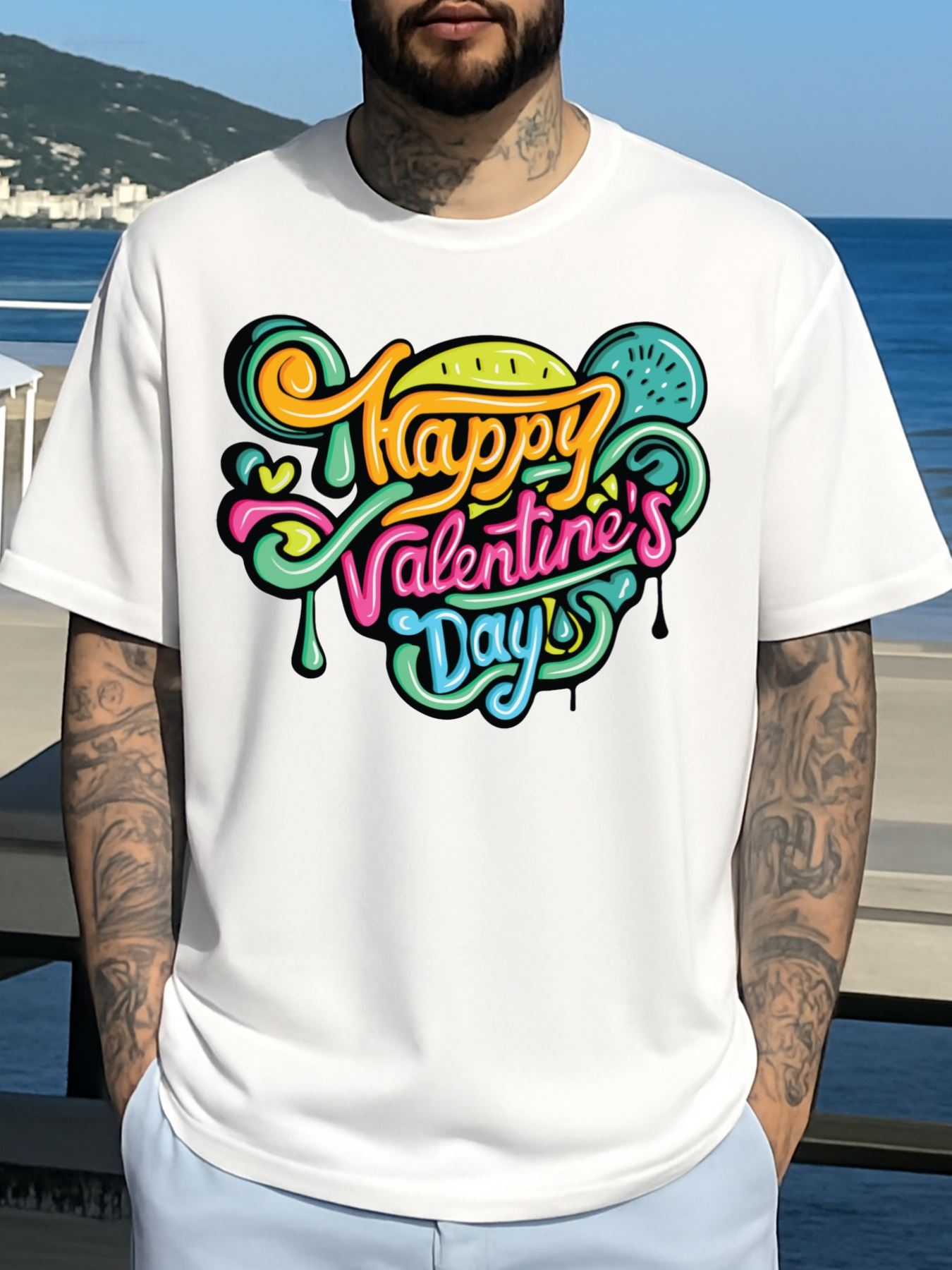 Men's Graphic T-Shirt Happy Valentines Day Festive Neon Script With Hearts And Swirling Shapes