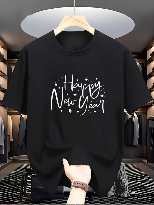 Men's Graphic T-Shirt Happy New Year Festive Lettering Surrounded By Sparkling Star Accents