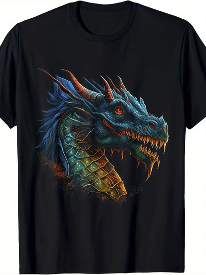 Men's Graphic T-Shirt Fiery Blue Scales With Glowing Eyes Fierce Mystical Dragon