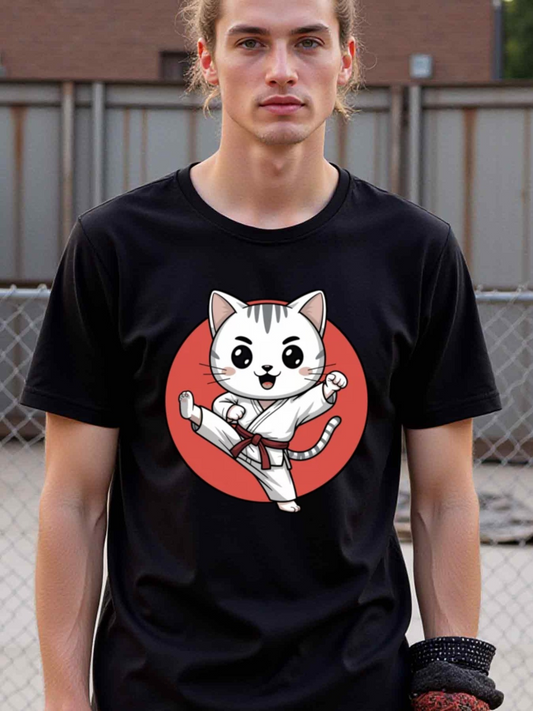 Men's Graphic T-Shirt Martial Arts Cat Practicing High Kicks In Front Of Red Circle Cat