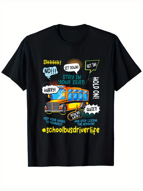 Men's Graphic T-Shirt Stay In Your Seat Cartoon School Bus Under Chalk Art Lettering Bus