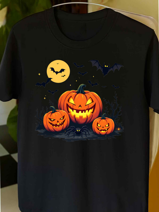 Men's Graphic T-Shirt Glowing Yellow Moon Bats Flying Over Halloween Jack OLantern Pumpkin