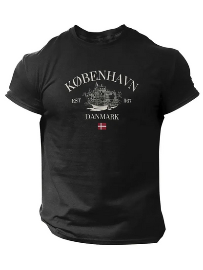 Men's Graphic T-Shirt Copenhagen Skyline Among Sailing Ships With Danish Flag Symbol City